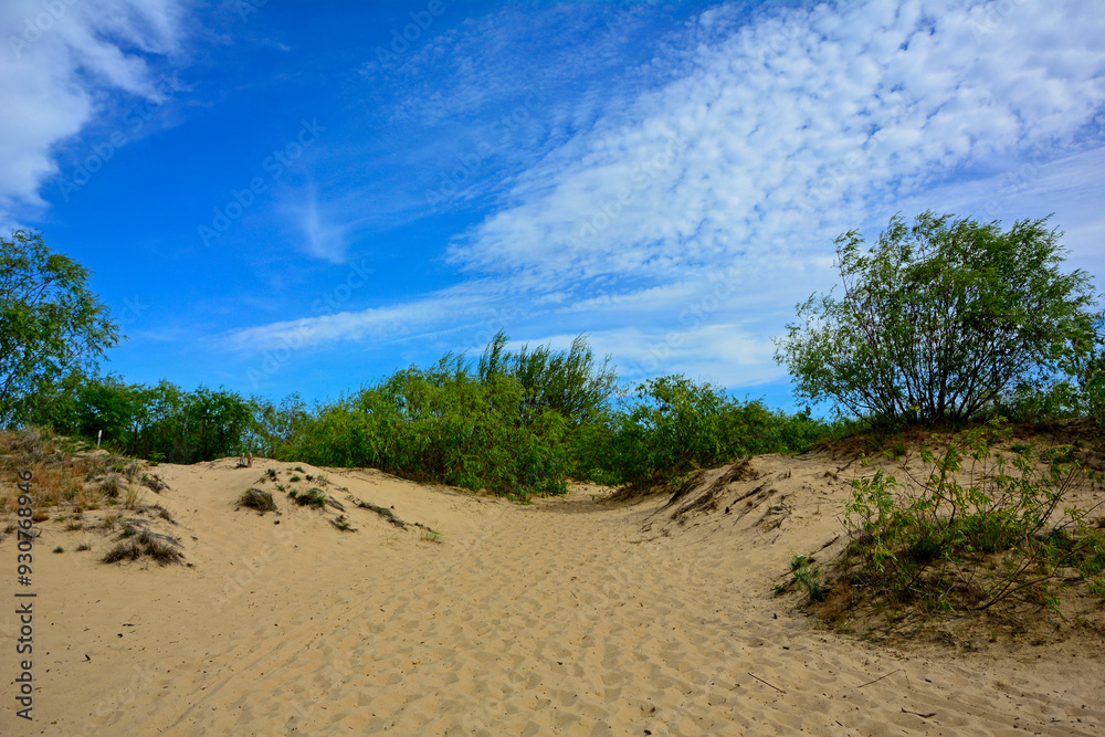 przejście na plażę, nadmorski krajobraz, piaszczysta ściezka i błękitne niebo z białymi churami, passage to the beach, seaside landscape, sandy path and blue sky with white clouds