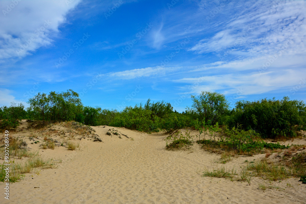 przejście na plażę, nadmorski krajobraz, piaszczysta ściezka i błękitne niebo z białymi churami, passage to the beach, seaside landscape, sandy path and blue sky with white clouds