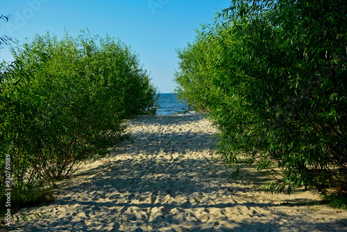 przejście na plażę, nadmorski krajobraz, piaszczysta ściezka i błękitne niebo, passage to the beach, seaside landscape, sandy path and blue sky 