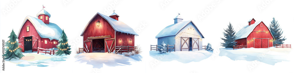 Charming winter barns illustration in snow-covered landscape. Perfect for holiday decor or seasonal designs. Charming winter barns illustration in snow-covered landscape. Perfect for holiday decor or seasonal designs.