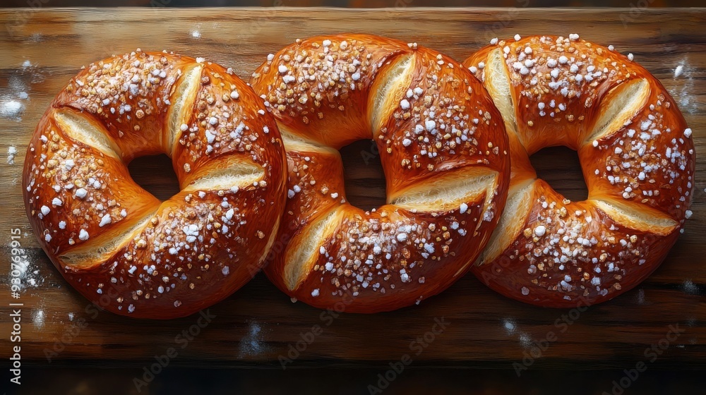 Three golden-brown braided pretzels topped with coarse salt and sugar, displayed on a rustic wooden surface.
Three golden-brown braided pretzels topped with coarse salt and sugar, displayed on a rustic wooden surface.