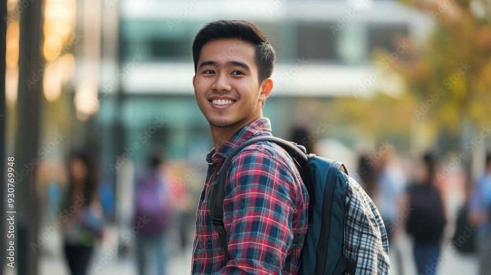 Fototapeta premium A smiling student in a red checkered shirt with a backpack looks back while walking through a lively campus on a clear day.