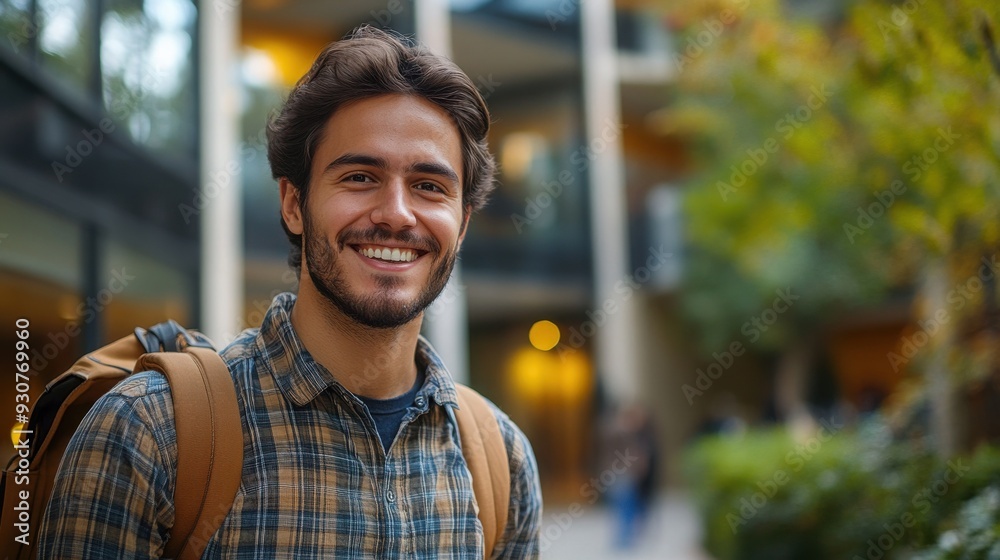 A smiling student in a checkered shirt with a tan backpack stands outdoors on a campus walkway, surrounded by greenery and modern buildings.
A smiling student in a checkered shirt with a tan backpack stands outdoors on a campus walkway, surrounded by greenery and modern buildings.