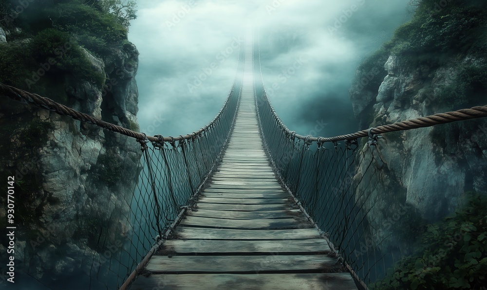 Obraz premium A bridge over a river with a foggy sky in the background. The bridge is made of wood and is suspended over a deep ravine. Scene is mysterious and serene