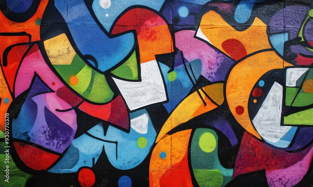 A colorful graffiti mural with a lot of shapes and letters. The colors are bright and the shapes are abstract. The mural seems to be a representation of a message or idea A colorful graffiti mural with a lot of shapes and letters. The colors are bright and the shapes are abstract. The mural seems to be a representation of a message or idea