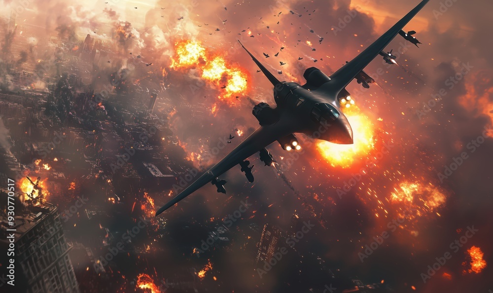A fighter jet is flying through a city with a lot of fire. The scene is intense and chaotic, with the plane being the only object that seems to be in control. The fire is spreading rapidly A fighter jet is flying through a city with a lot of fire. The scene is intense and chaotic, with the plane being the only object that seems to be in control. The fire is spreading rapidly