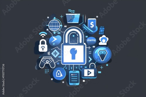 various icons such as a lock, globe, and social media elements in blue color on a black background he central focus is the padlock symbol surrounded by smaller symbols Generative AI