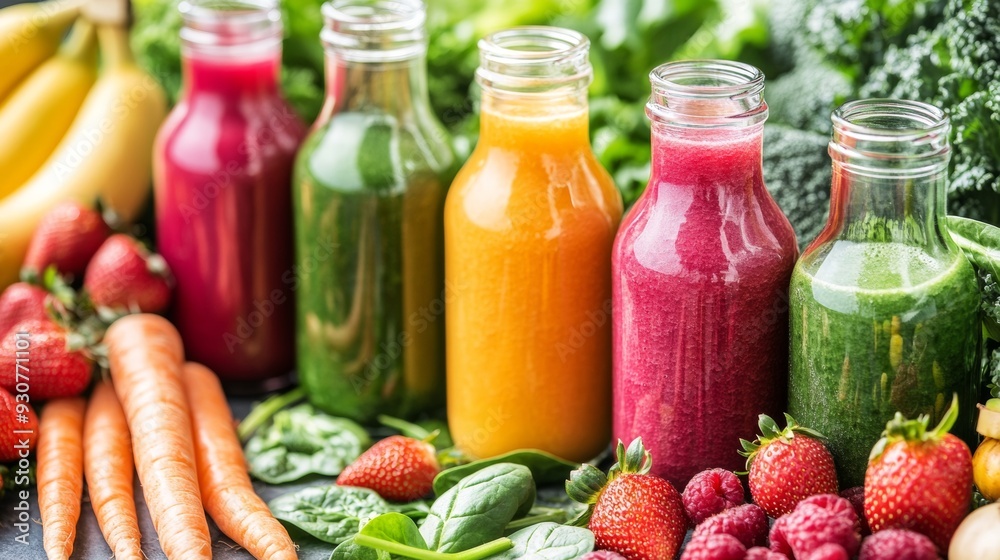 Smoothies or juices from fresh fruits and vegetables in bottles. Ingredients such as strawberries, bananas, spinach, carrots and other products are laid out nearby. Promotional photo. Smoothies or juices from fresh fruits and vegetables in bottles. Ingredients such as strawberries, bananas, spinach, carrots and other products are laid out nearby. Promotional photo.