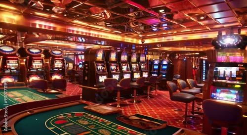 Vibrant Casino Interior with Slot Machines and a Roulette Table