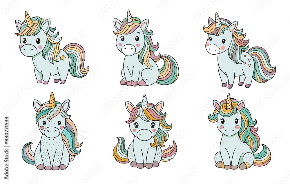 Obraz premium sticker set, cheerful unicorn sticker set with vibrant fantasy themes