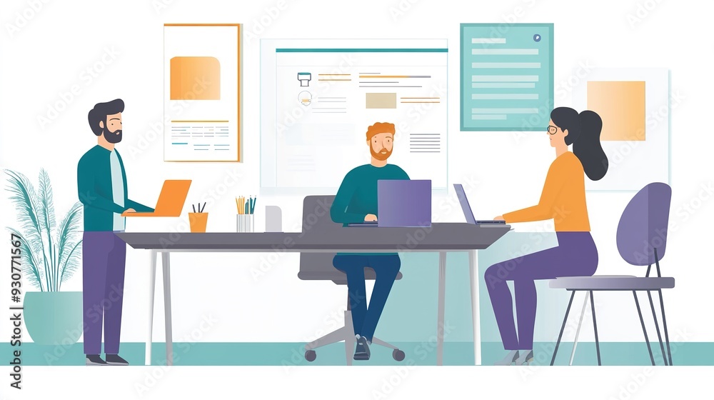 An office setting with employees efficiently managing tasks and collaborating on a project using digital tools An office setting with employees efficiently managing tasks and collaborating on a project using digital tools