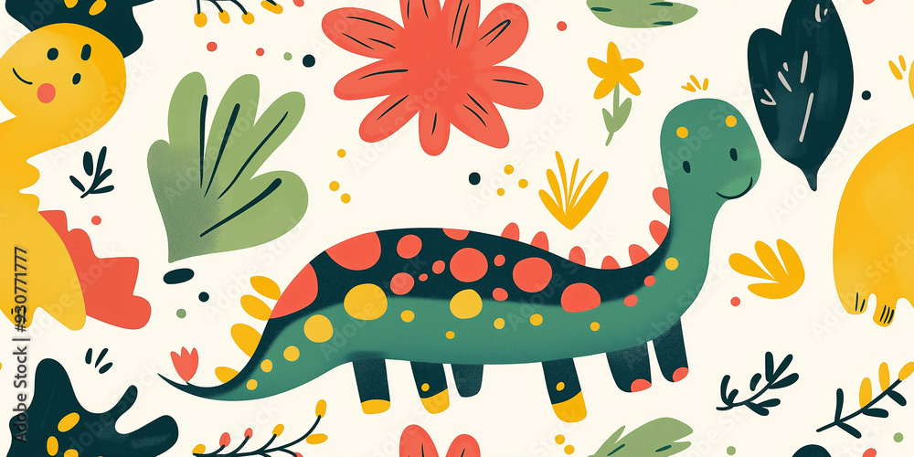 Obraz premium Whimsical dinosaur seamless pattern featuring playful illustrations of dinosaurs and plants in vibrant colors like green, yellow, and red, perfect for children's designs.