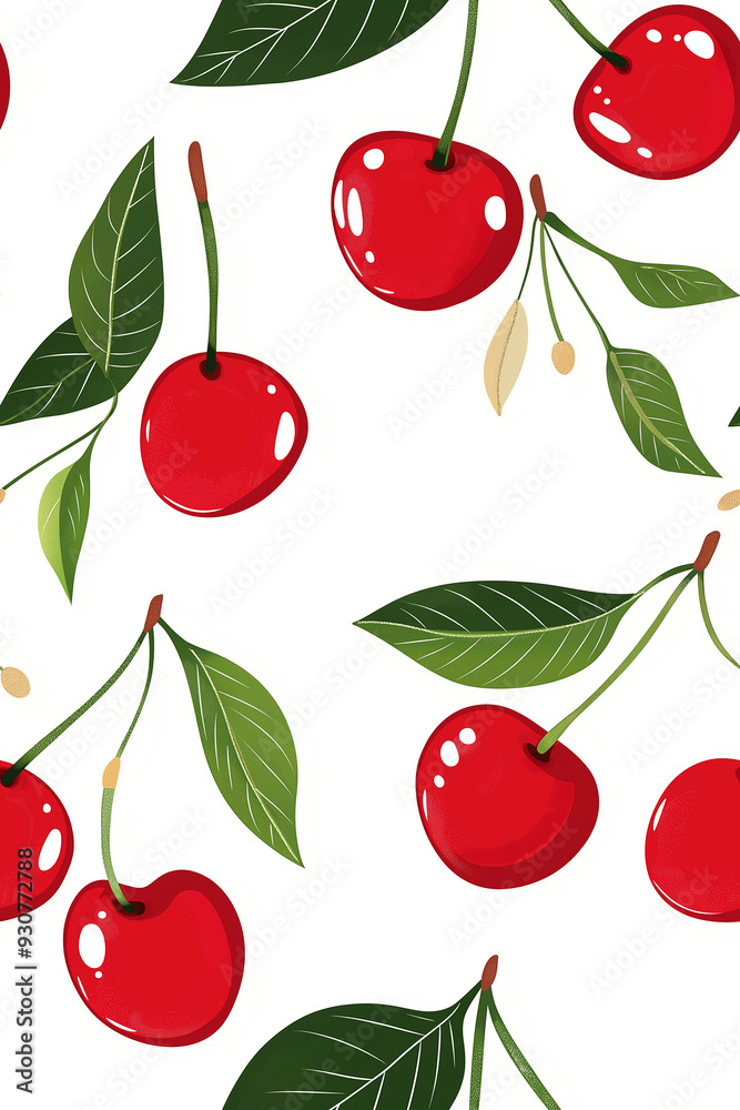 Bright red cherries with green leaves on a white background create a fresh, seamless pattern. Perfect for vibrant, summery designs and food-related products.