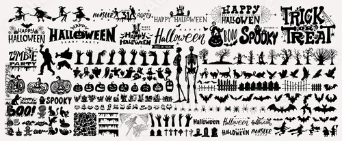 Big collection of silhouettes of Halloween. Horror set of Halloween sticker sketch set. Hand drawn doodle. Set of halloween and magic elements. Vector element Logo, Pumpkins, ghosts, skull, black cats