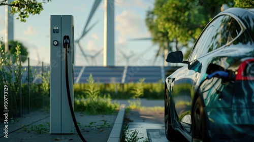 Electric Car Charging Station with Wind Turbines and Solar Panels