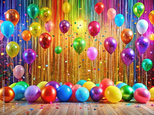 Vibrant balloons, colorful streamers, and shimmering confetti adorn a birthday party backdrop, creating a joyful and lively atmosphere perfect for celebrating special occasions. photo