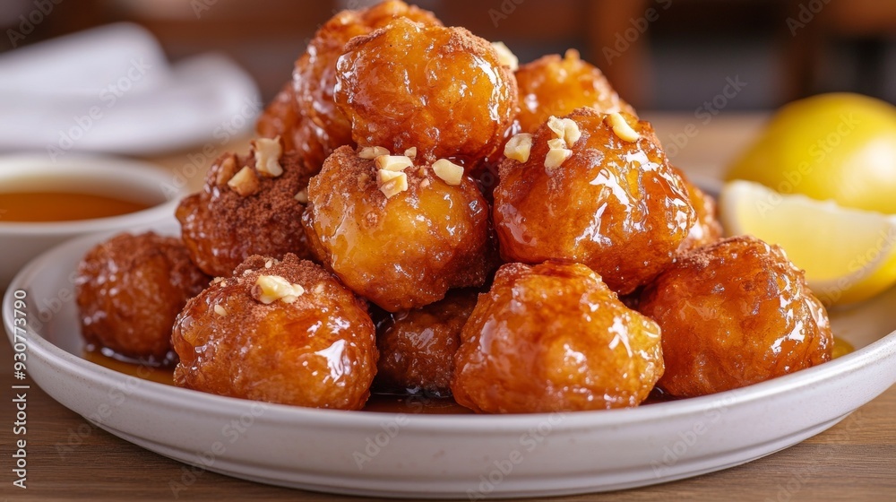 Lukoumades is a Greek sweet dish and consists of small doughnuts made from yeast dough, deep fried. Lukoumades is a Greek sweet dish and consists of small doughnuts made from yeast dough, deep fried.