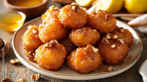 Lukoumades is a Greek sweet dish and consists of small doughnuts made from yeast dough, deep fried.