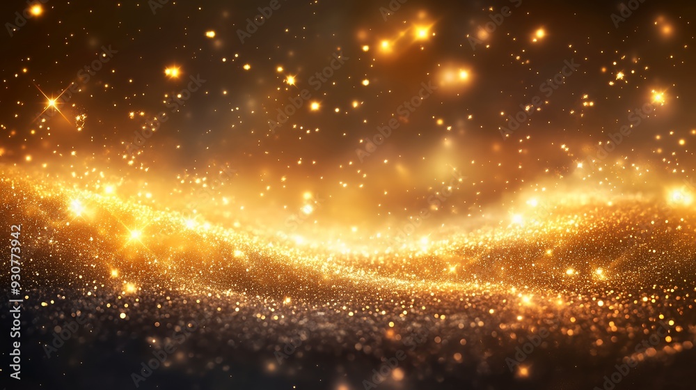 Naklejka premium A shimmering golden abstract background with sparkling particles and waves of light.