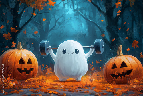 Forrest scene with pumpkins and friendly ghost lifting weights and being fit. Concept of Halloween, working out, fitness