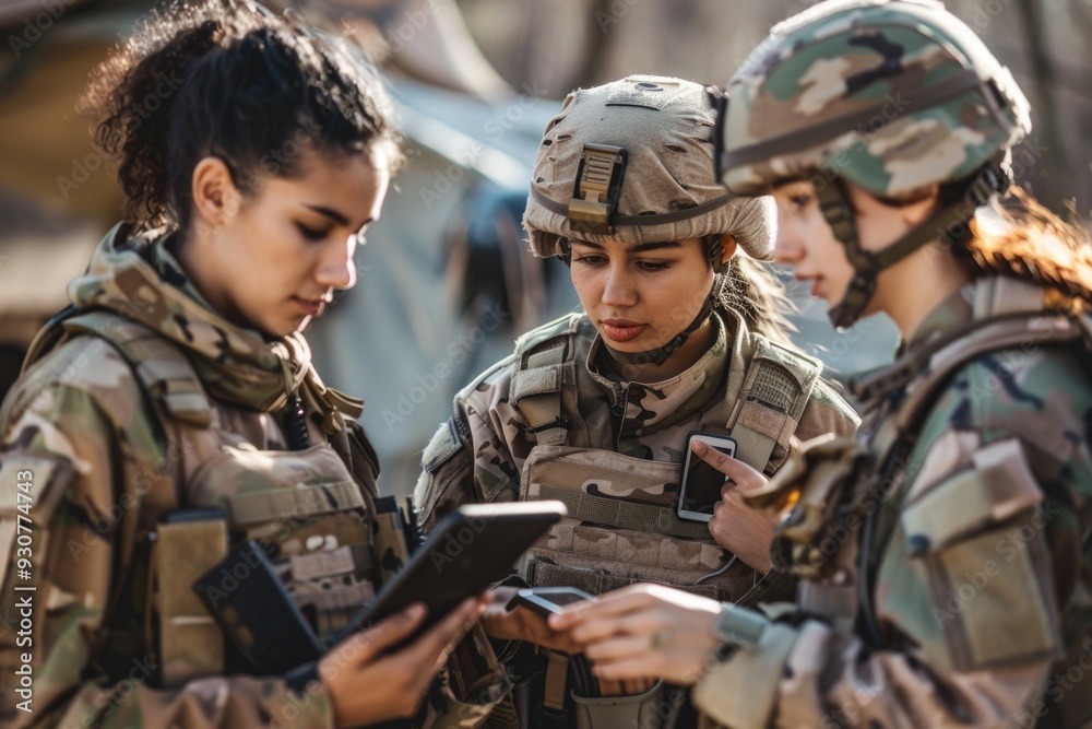 Group of women in military or police uniforms examining a mobile device Group of women in military or police uniforms examining a mobile device