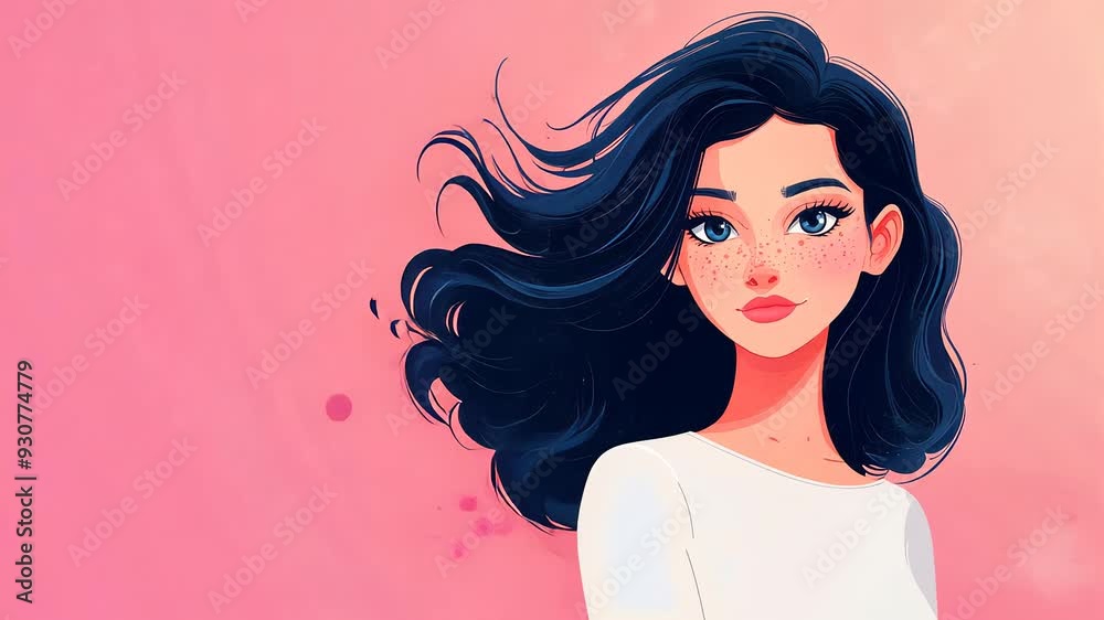 Animated portrait of a young woman with black hair and freckles on a pink background Animated portrait of a young woman with black hair and freckles on a pink background