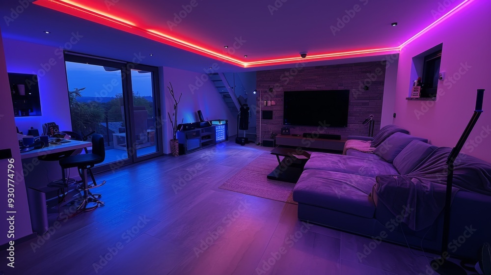 A modern basement with vibrant LED strips accentuating sleek, minimalist decor, featuring a plush sofa and a state-of-the-art TV. A modern basement with vibrant LED strips accentuating sleek, minimalist decor, featuring a plush sofa and a state-of-the-art TV.