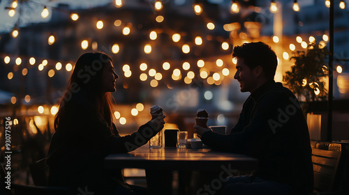 Couple enjoying ice cream together at a cozy outdoor setting with warm string lights in the evening