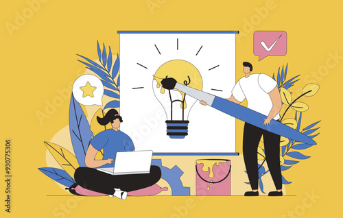 Creative agency concept with modern flat design for web. Team generates new ideas and brainstorming, developing advertising campaign for business, drawing digital art in studio. Vector illustration.