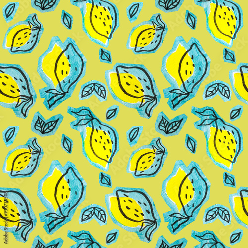 pattern of yellow lemons painted with brush. High quality photo