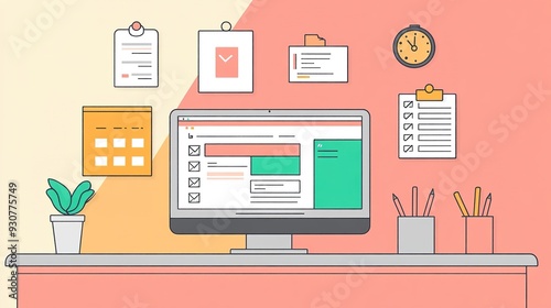 An organized workspace with a laptop, task lists, and productivity tools arranged neatly, highlighting efficient workflow