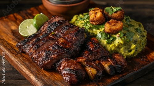 A dish of Peruvian cuisine: Tacacho con Carne in a rustic style. A portion of perfectly grilled meat is served next to it. The dish is garnished with fresh herbs and accompanied by a slice of lime. photo