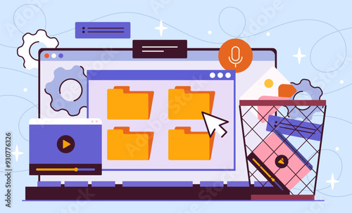 Website optimization concept. Files with folders on laptop screen. Promoting webpage on Internet. SEO and SMM. Programming and coding. Flat vector illustration isolated on blue background