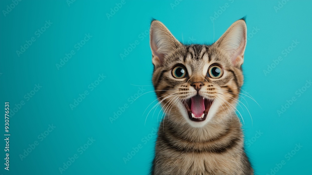 A tabby cat with large, wide eyes and an open mouth expressing surprise, set against a vibrant blue background. A tabby cat with large, wide eyes and an open mouth expressing surprise, set against a vibrant blue background.