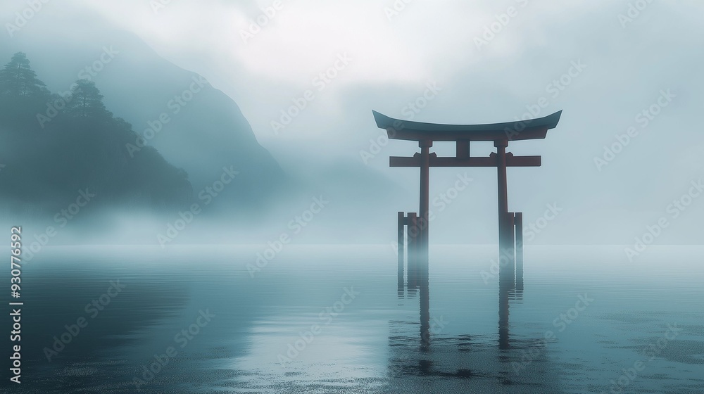 A serene image of a traditional Torii gate standing in misty water, surrounded by fog and distant mountains. A serene image of a traditional Torii gate standing in misty water, surrounded by fog and distant mountains.