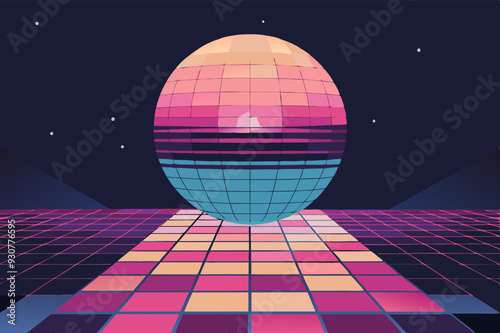A disco ball is placed above a vibrant dance floor with colorful lighting
