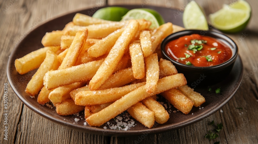 A plate of crispy Yuca fries lightly sprinkled with sea salt and served with a small amount of hot creamy dipping sauce. A plate of crispy Yuca fries lightly sprinkled with sea salt and served with a small amount of hot creamy dipping sauce.