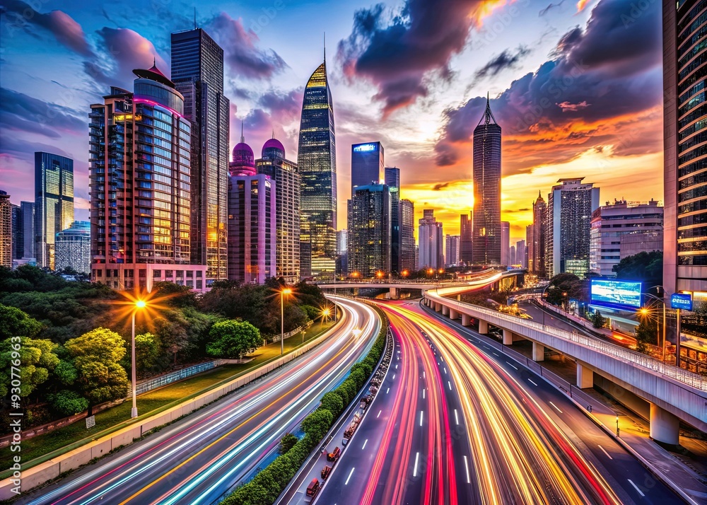 Vibrant cityscape at dusk featuring busy highway with speeding cars and colorful headlights, surrounded by towering skyscrapers and neon-lit billboards.