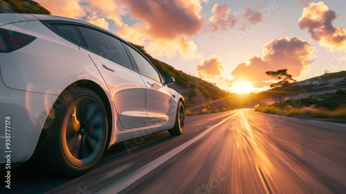 White Car Driving on a Winding Road at Sunset