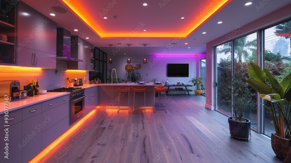 Illuminate your kitchen at night with LED strips installed along the ceiling and a built-in TV, offering both practical lighting