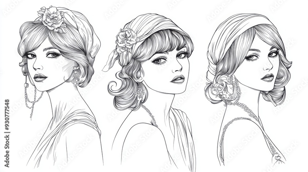 Three elegant flapper girls in 1920s style, drawn in black outlines on a white background, wearing headbands with flowers and vintage jewelry Three elegant flapper girls in 1920s style, drawn in black outlines on a white background, wearing headbands with flowers and vintage jewelry
