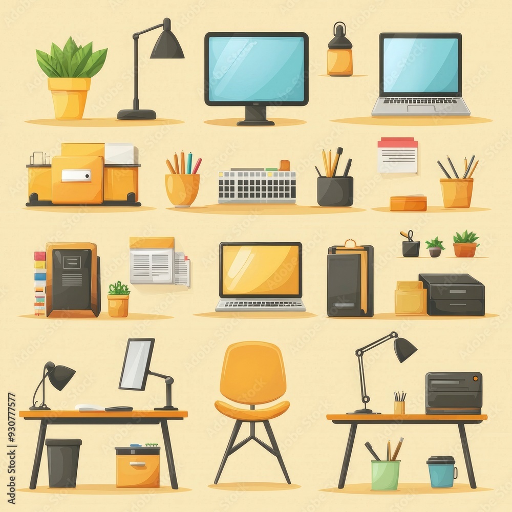 Cartoon Office Workspace with Desk, Chair, and Equipment Cartoon Office Workspace with Desk, Chair, and Equipment