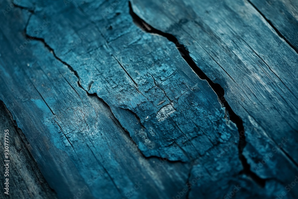 A closeup view reveals a weathered wooden surface with cracks and peeling layers, featuring worn blue tones that emphasize its unique character and age A closeup view reveals a weathered wooden surface with cracks and peeling layers, featuring worn blue tones that emphasize its unique character and age