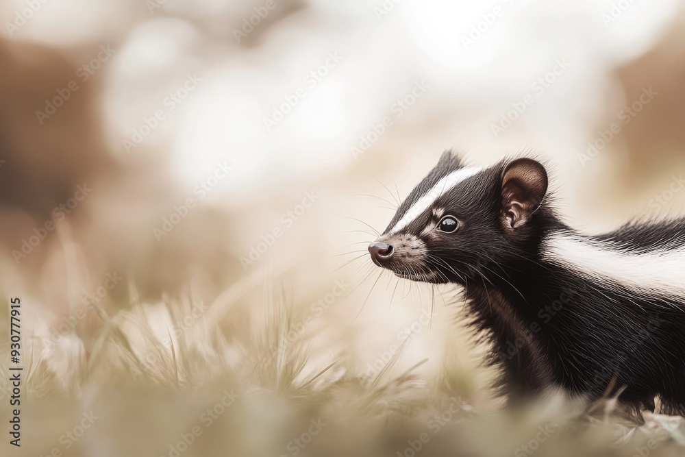 Fototapeta premium A small skunk stands alert in a grassy field, surveying its surroundings while the natural landscape creates a soft, blurred backdrop