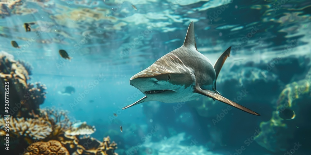Fototapeta premium Underwater view of a sandbar shark Carcharhinus plumbeus in the sea