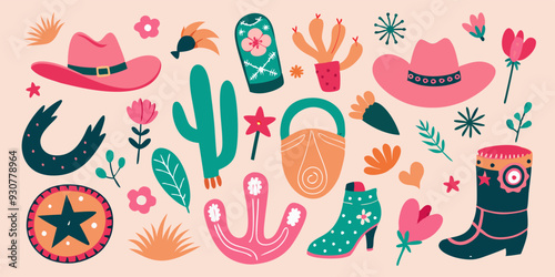 Cowboy hats, boots, cactus, flowers, and more objects