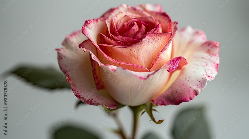 A close-up of a beautifully blooming rose with pink and cream petals. A close-up of a beautifully blooming rose with pink and cream petals.