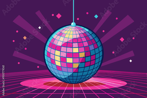 A disco ball hangs from a string against a purple backdrop