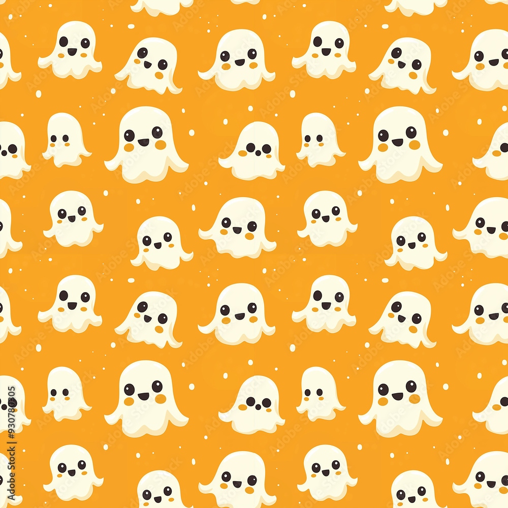 Fototapeta premium Seamless Pattern of Cute Cartoon Ghosts on Orange Background for Halloween