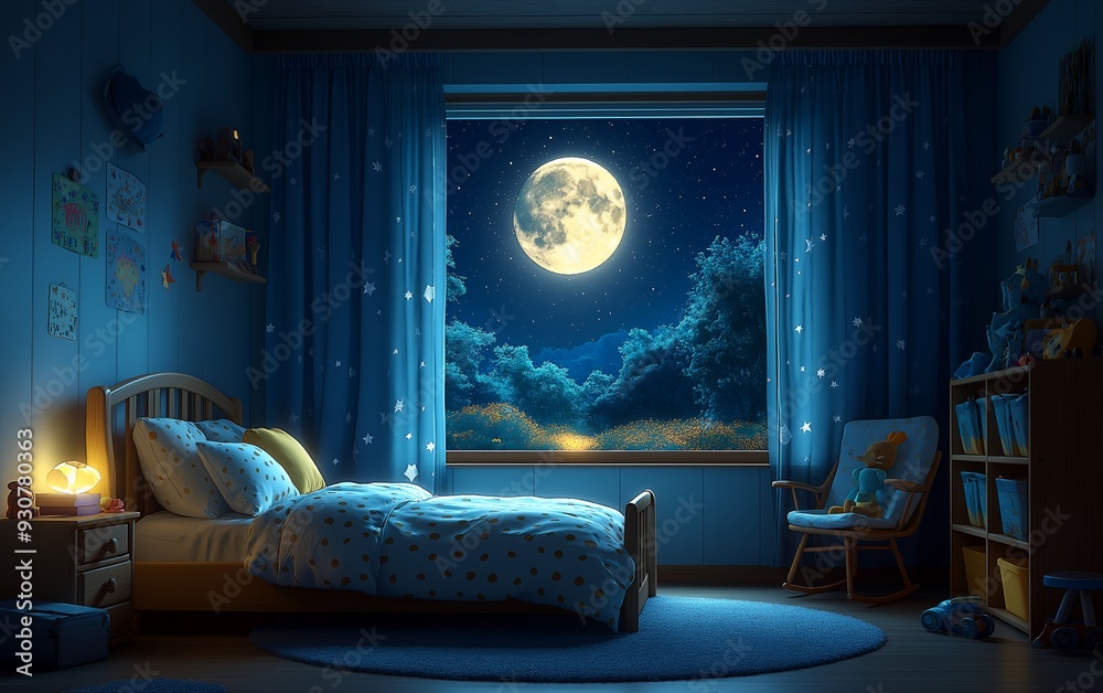 A cozy bedroom at night with a large moon visible through the window.